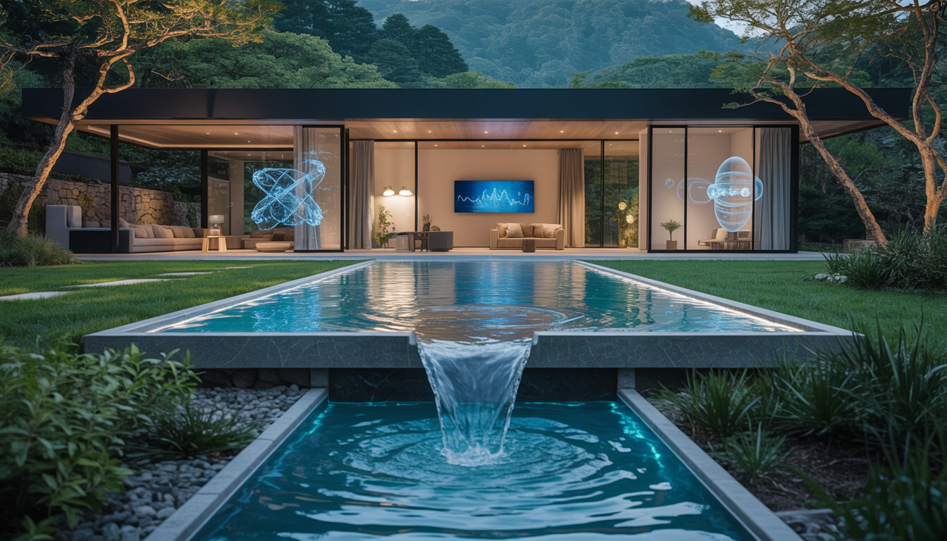 A modern home with lush greenery and a stream of clear water, representing a whole home water system integrating nature and technology.
