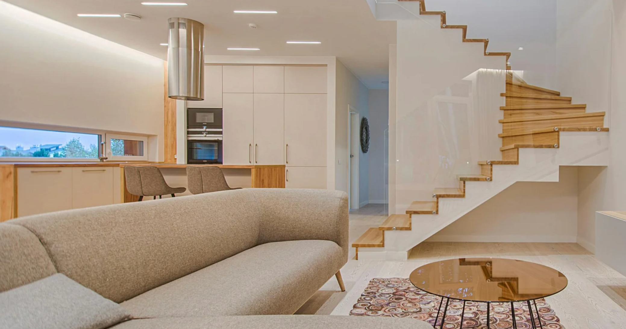 A serene household setting showcasing a whole house water purification system with various revitalizers and a blend of nature and technology.