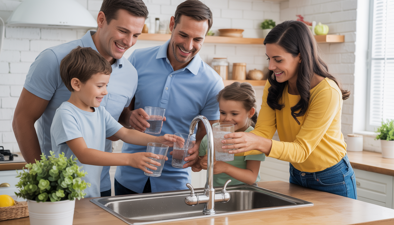 Family filling glasses with water from an under counter filtration system, highlighting health and refreshment.