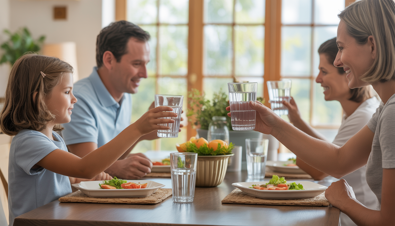 Family at dining table with clear water glasses, natural light, emphasizing health benefits of clean water.