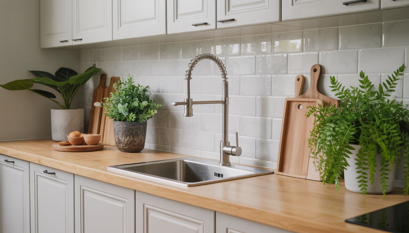 Modern kitchen with an under sink water filter and plants, illustrating a blend of nature and technology.