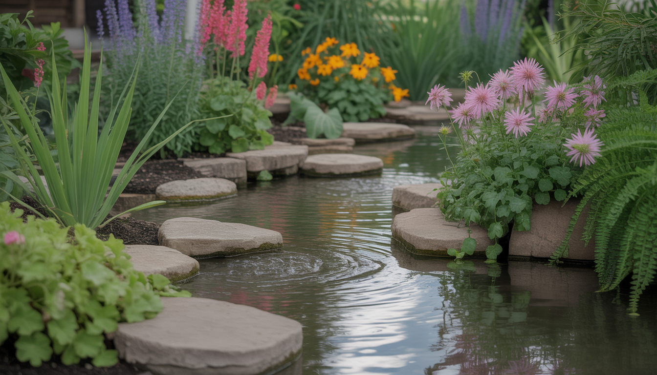 A garden with thriving plants and flowers being watered by a stream, illustrating the benefits of structured water.