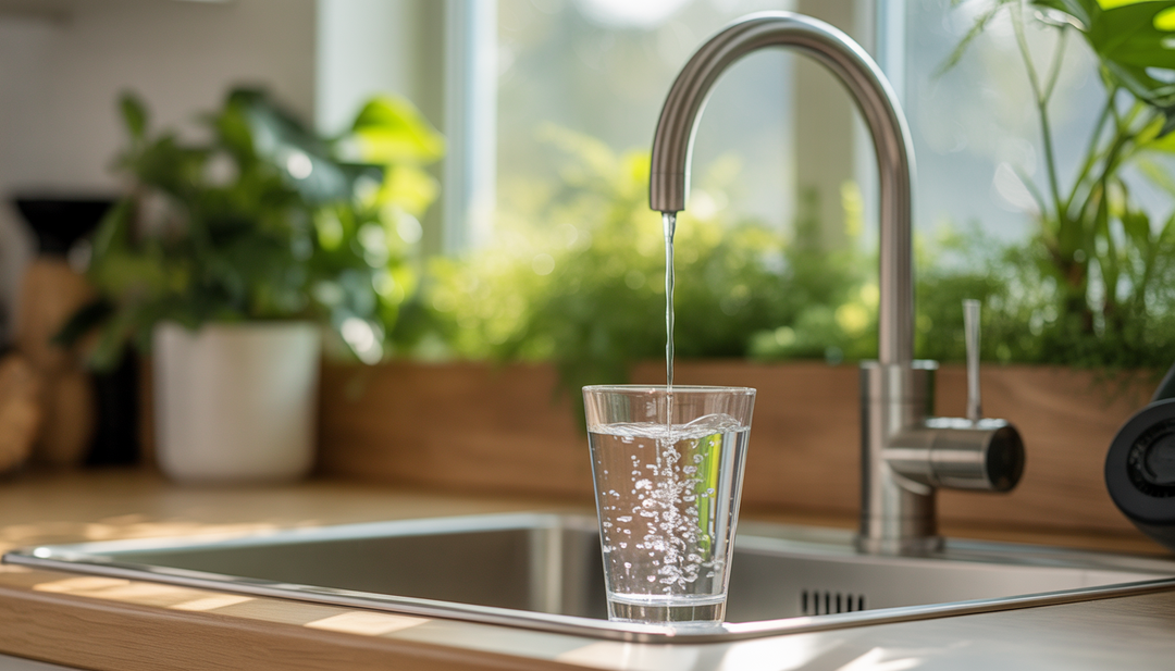 A modern kitchen with an under-sink water filtration system, showing clear water filling a glass, surrounded by plants and sunlight.