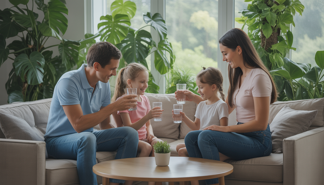 A family in a cozy home setting, drinking revitalized water with vibrant indoor plants around them, highlighting the health benefits of structured water.