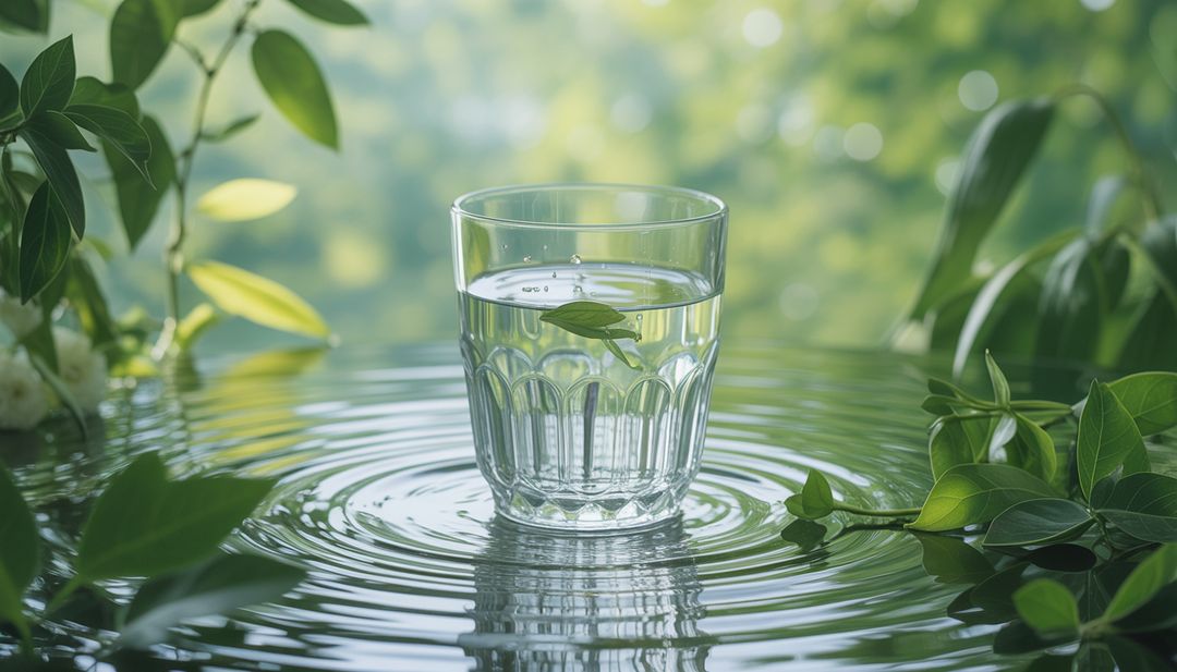 An elegant glass of structured water with ripples, set against a backdrop of lush greenery and sunlight, representing water wellness.