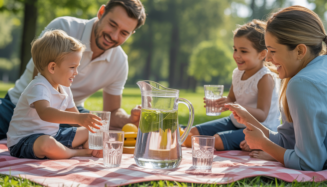 A family picnic with a pitcher of revitalized water, symbolizing health and hydration in a sunny park setting.