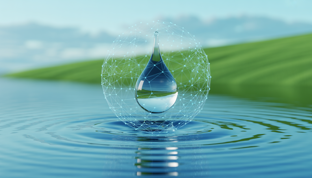 Water droplet with a digital network, symbolizing the fusion of nature and technology in water filtration, set against a tranquil blue and green background.
