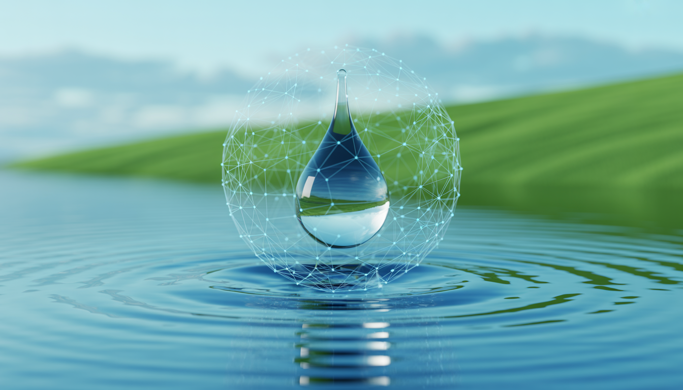 Water droplet with a digital network, symbolizing the fusion of nature and technology in water filtration, set against a tranquil blue and green background.