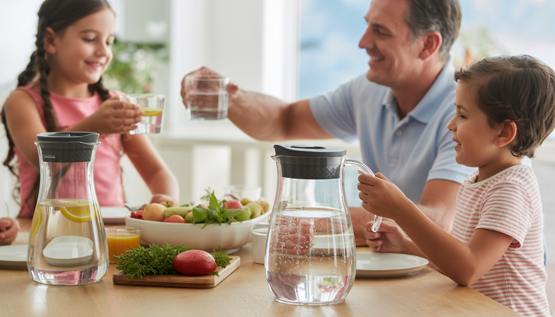 A family dining with clear water in glass pitchers, emphasizing clean water benefits.