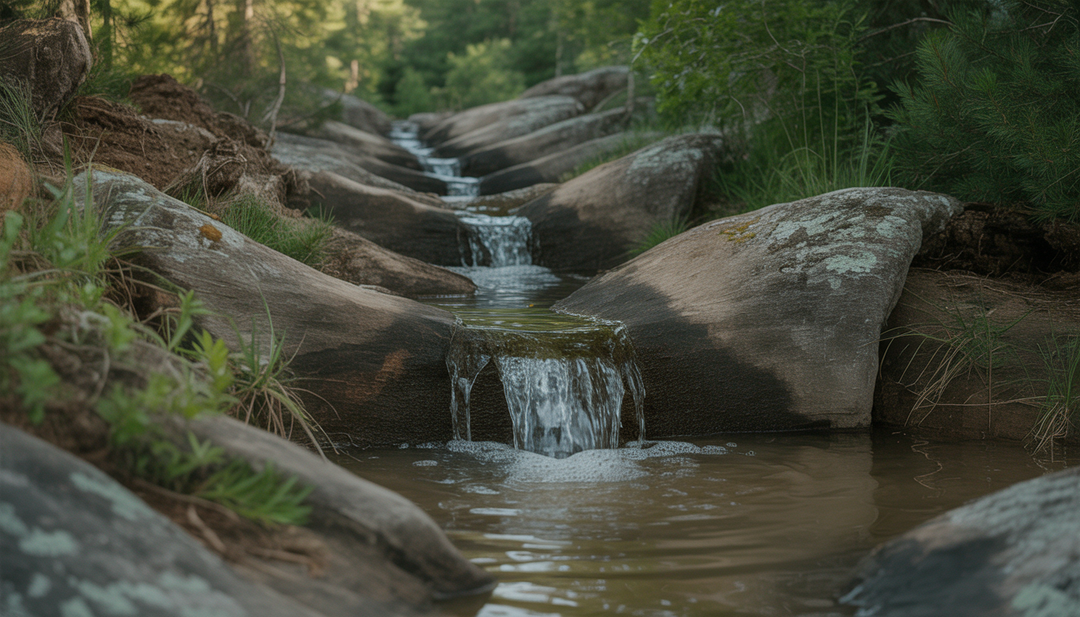 Water flowing over rocks and through soil in a forest, illustrating natural water filtration.