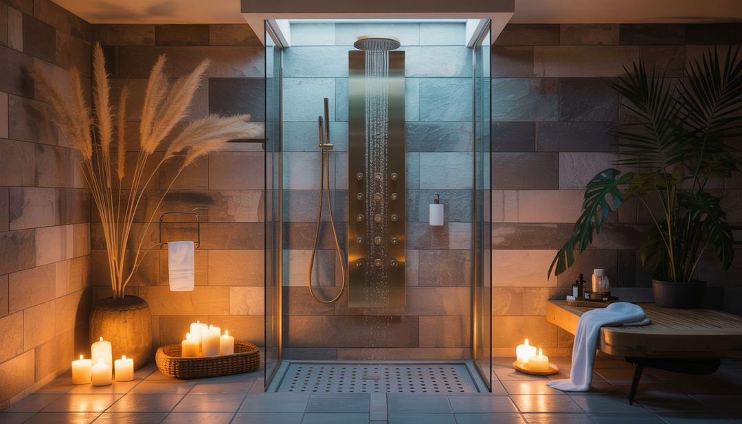 A spa-like bathroom with a Natural Action shower unit, stone tiles, and ambient lighting.
