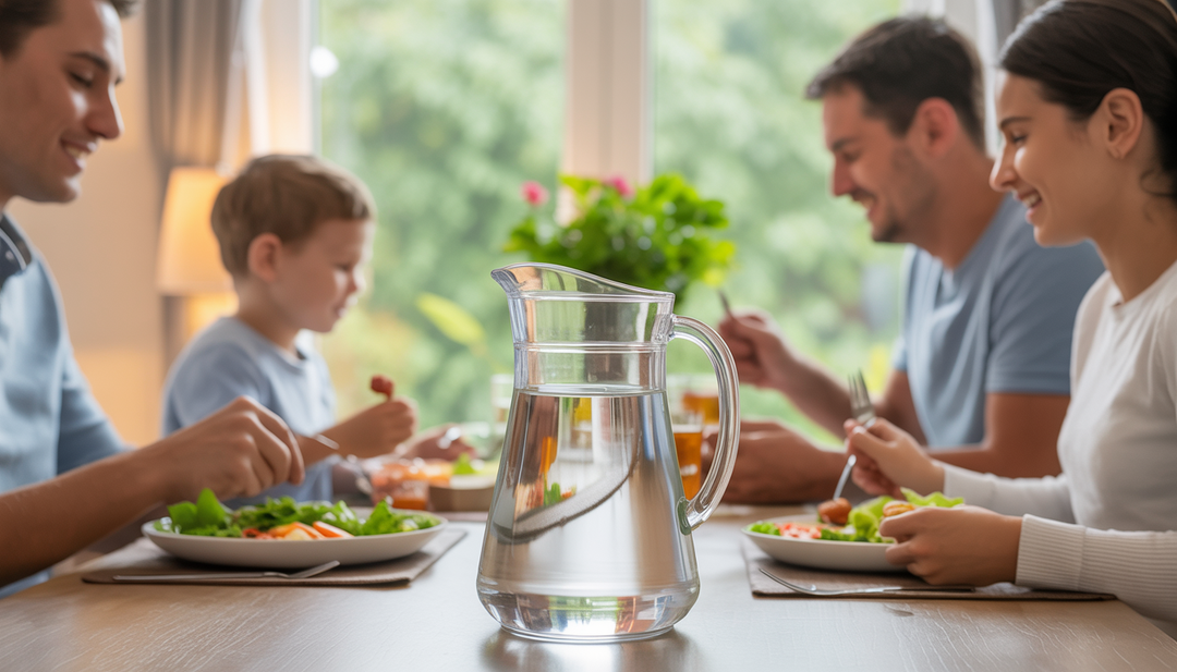A family dining together with a pitcher of clear water on the table, surrounded by a warm, inviting home setting.