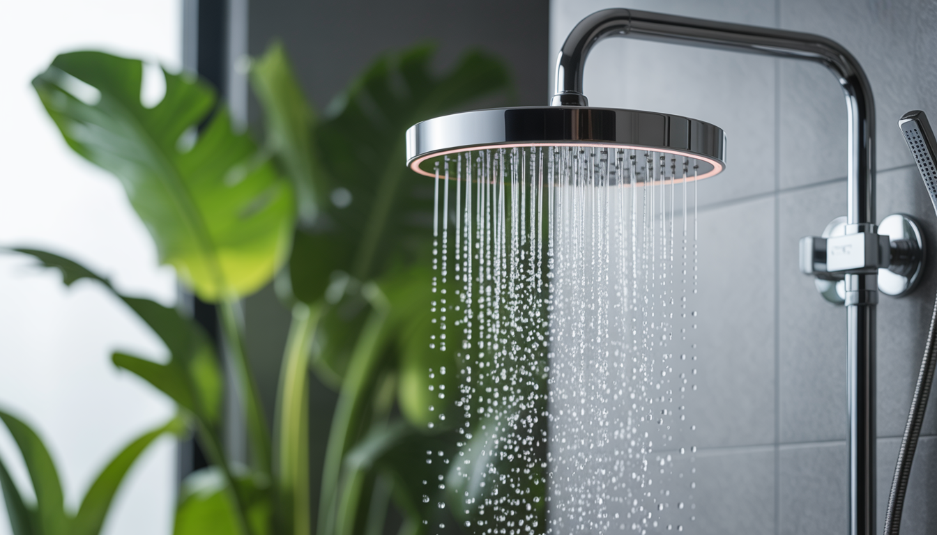 Modern shower head with water flowing, surrounded by green plants, symbolizing purification and nature.