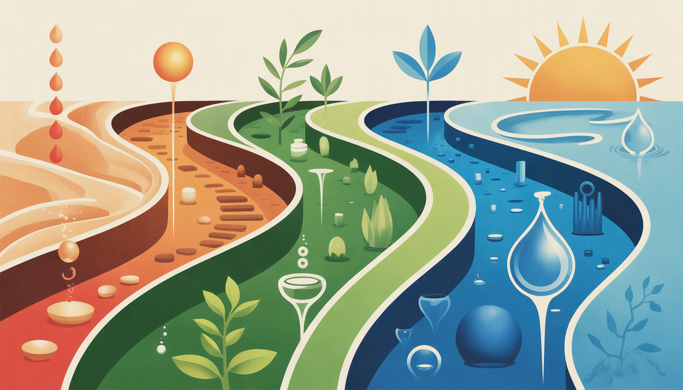 Illustration showing water purification stages as a landscape flow, with elements like sand, plants, and sunlight.
