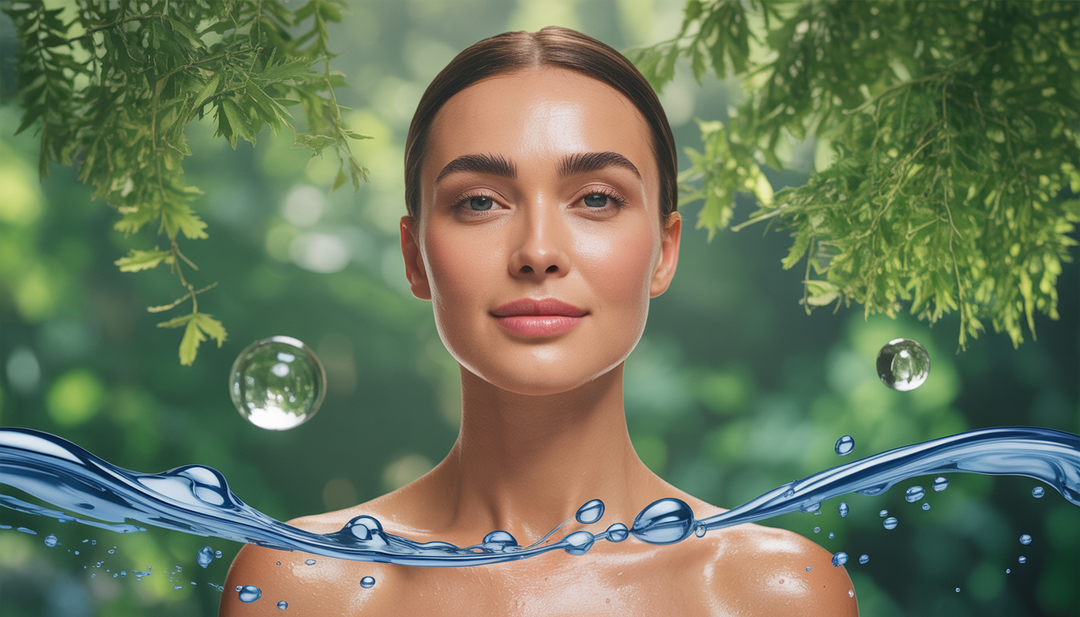 A woman with radiant skin surrounded by water droplets and green foliage, representing hydration and nature.