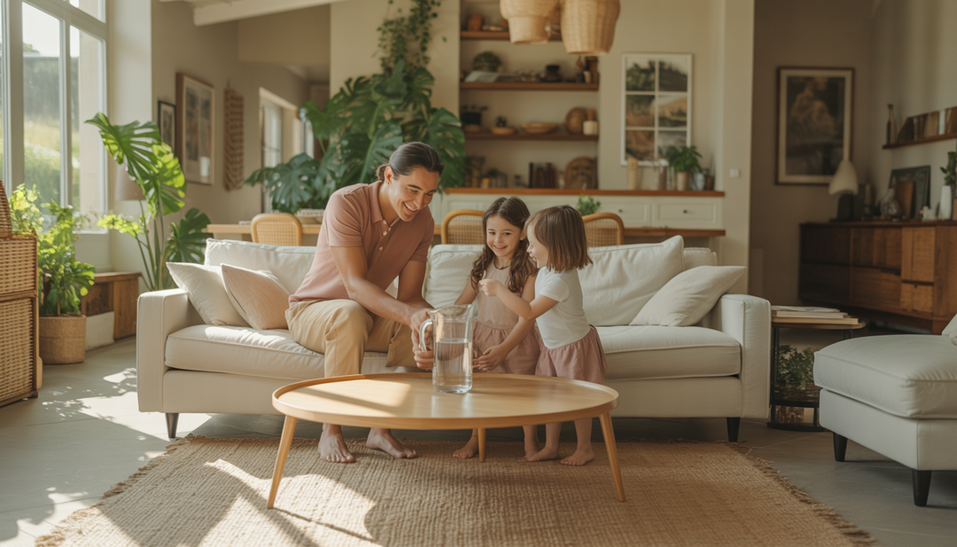A family in a living room enjoying water from a pitcher, with natural light and eco-friendly decor.