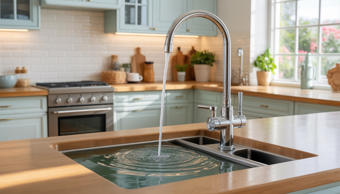 Kitchen with dual tank water softener under the sink and soft water flowing from the tap.