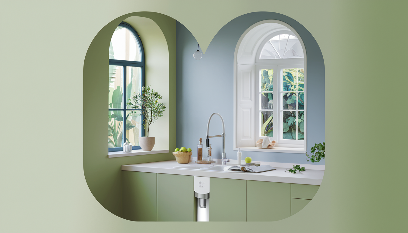Modern eco-friendly kitchen with an under-sink structured water filter system, featuring a sleek design and natural elements like a small indoor plant and a garden view.