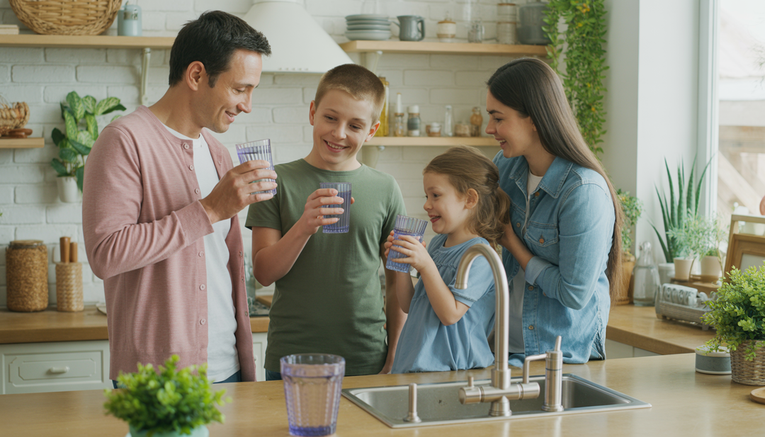 Family in a kitchen drinking filtered water, surrounded by eco-friendly decor and plants.