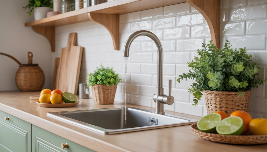 A modern kitchen featuring an under-sink water filtration system, highlighting eco-friendly design.
