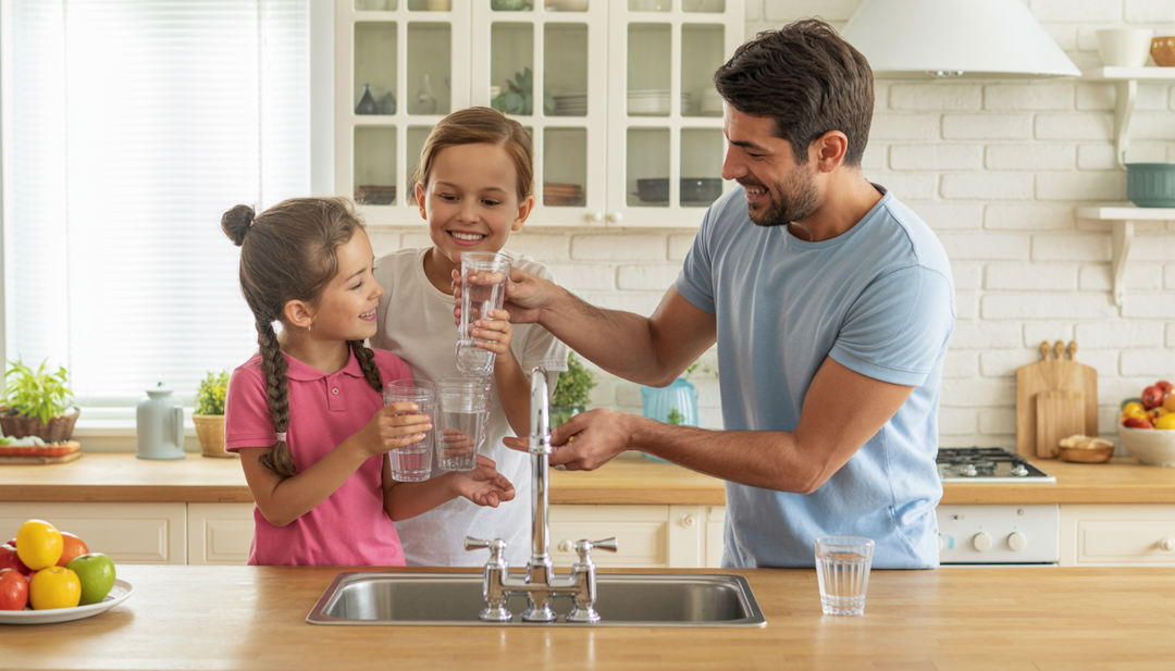 A family in a kitchen enjoying filtered water from a tap, highlighting the benefits of a water filter system.