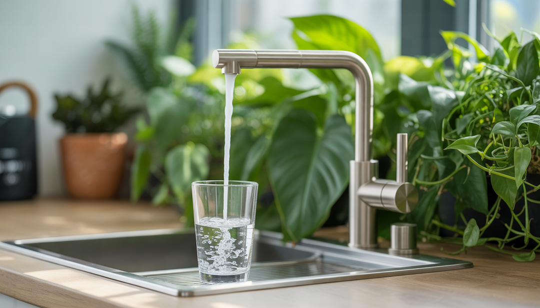 A modern kitchen faucet pouring structured water into a glass, surrounded by indoor plants, representing health and nature.