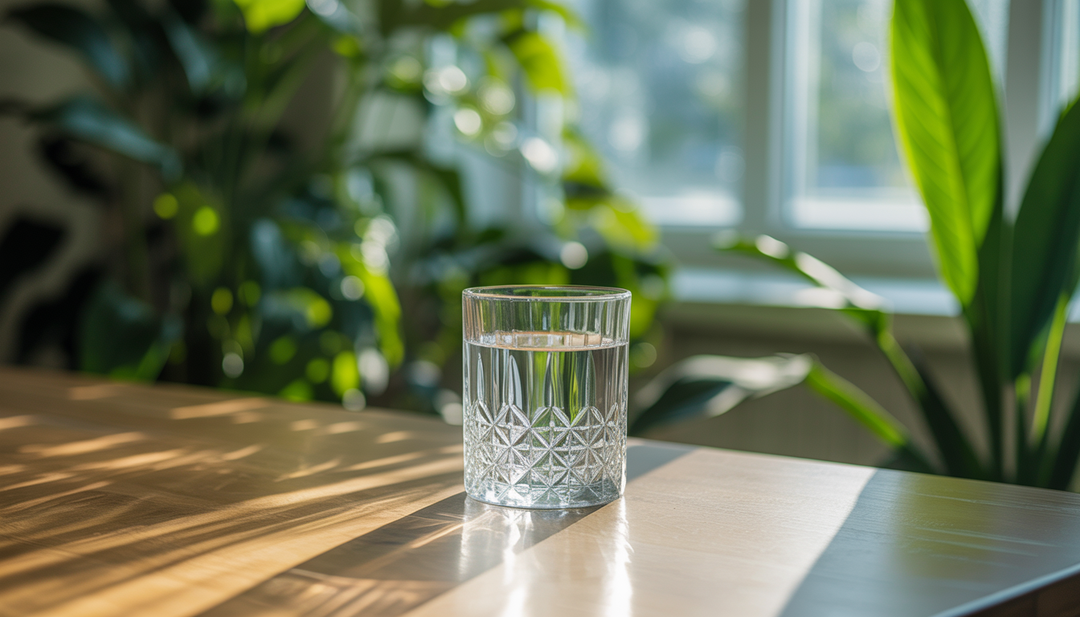 A glass of structured water on a table with green plants and sunlight, representing nature and innovation.