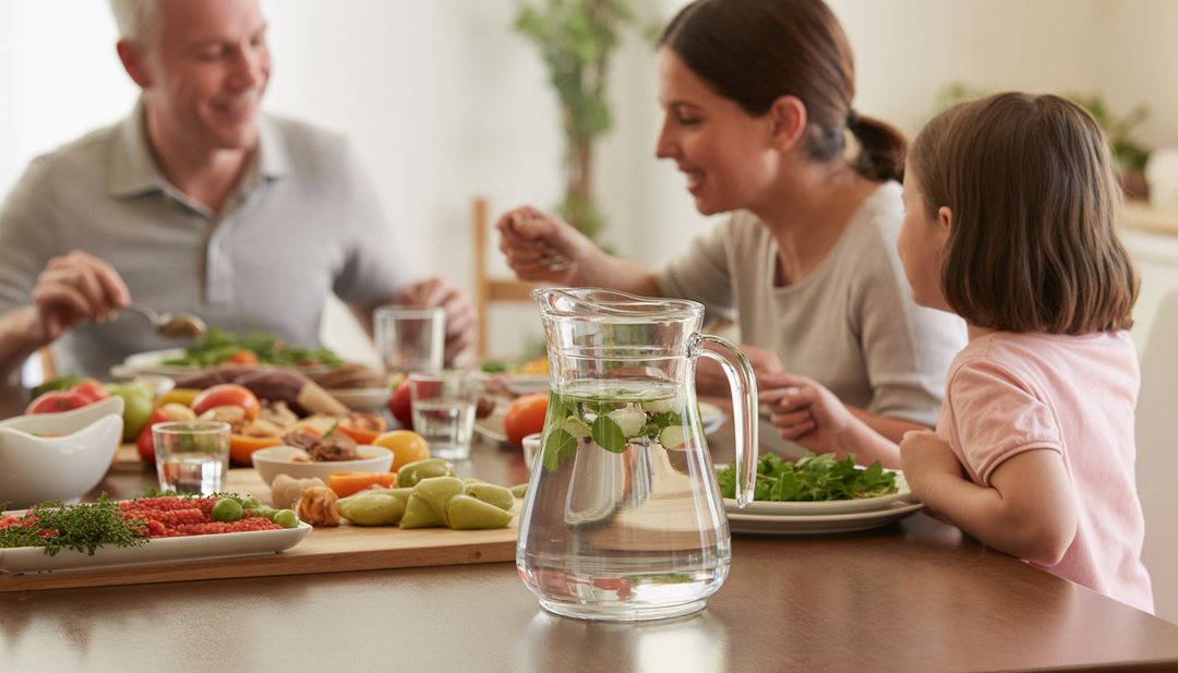 A family dining together with a pitcher of revitalized water on the table, emphasizing a warm, inviting atmosphere.