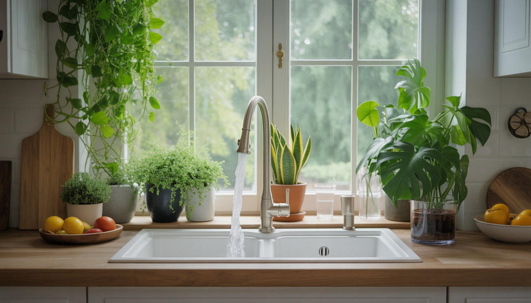 A modern kitchen sink with an alkaline water filter, surrounded by plants and natural light.