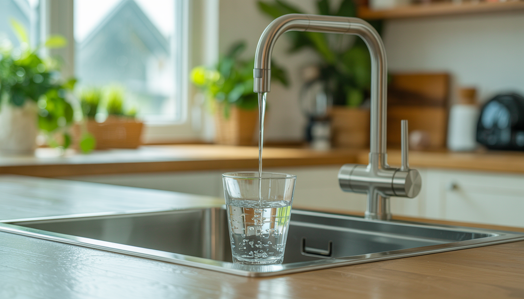 A modern kitchen with an under-sink water purifier system and a glass of clean water, surrounded by natural wooden elements and plants.