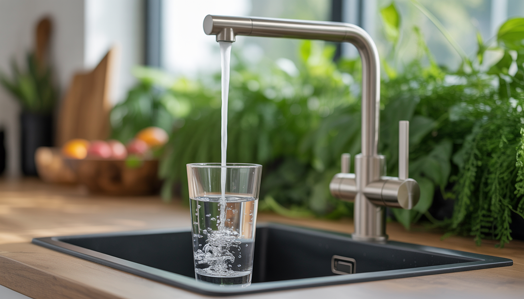 A modern kitchen with an under-sink structured water system, a faucet pouring water into a glass, surrounded by plants and wooden decor.