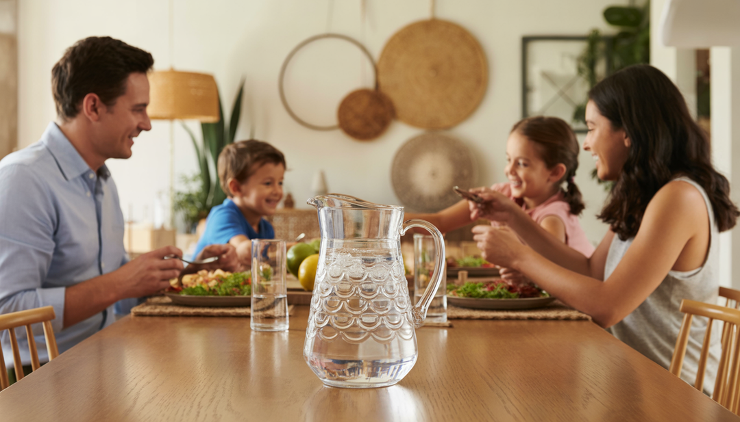 A family dining with a pitcher of structured water on the table, set in a cozy living space with natural decor.
