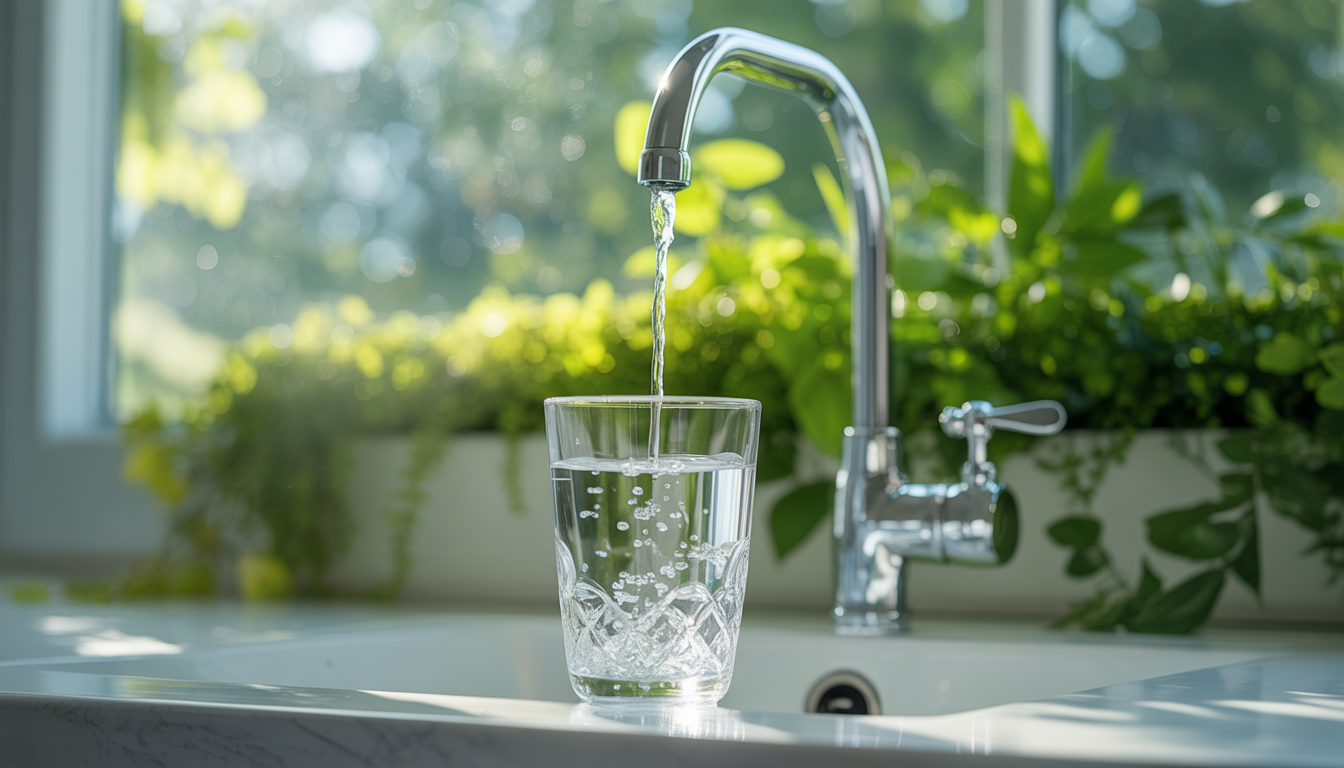 A glass being filled with clear water from a tap, set against a backdrop of greenery and sunlight.