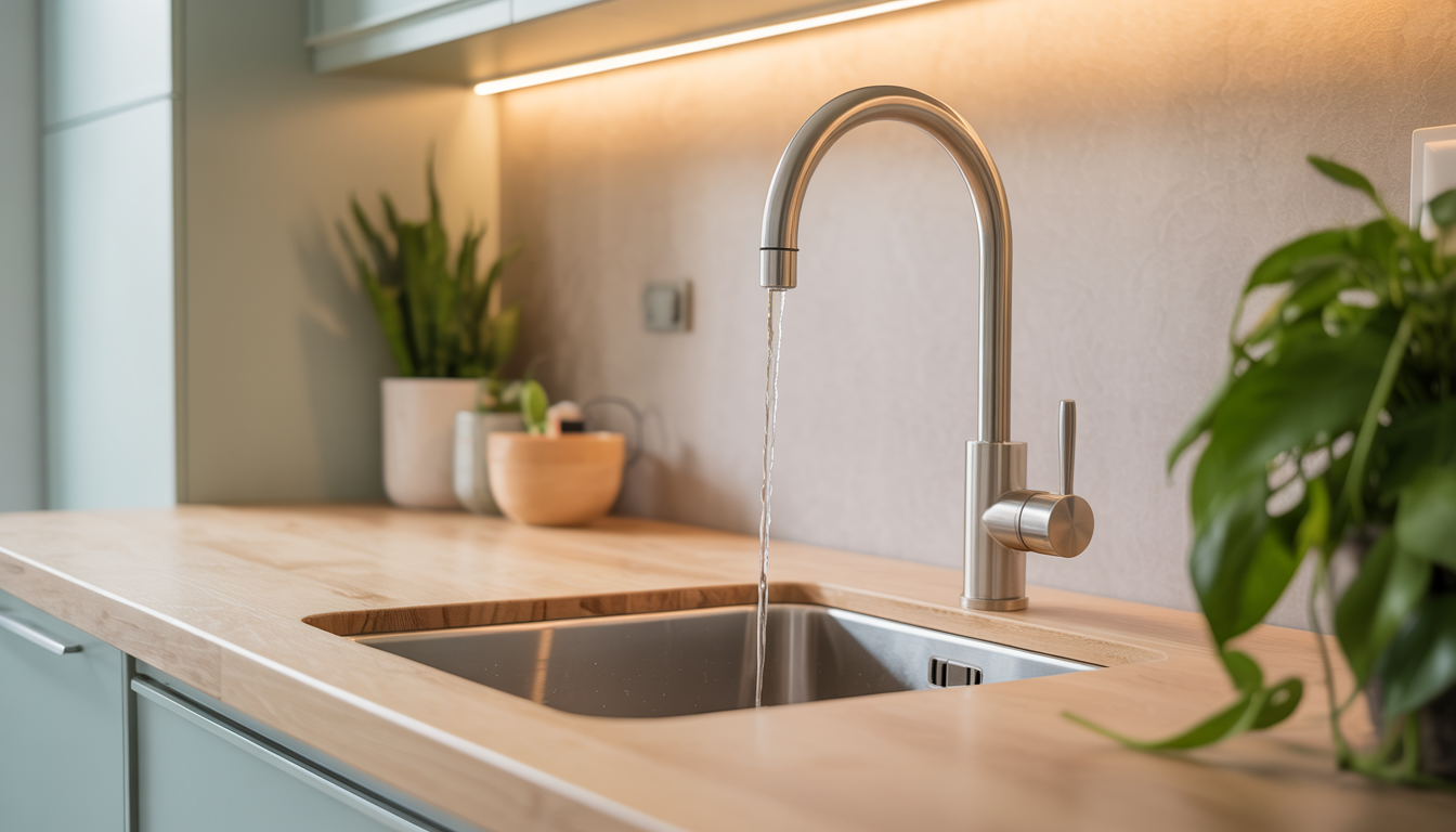 A modern kitchen with an under-sink water filtration system, highlighting easy access to chlorine-free water with natural lighting and plant decor.