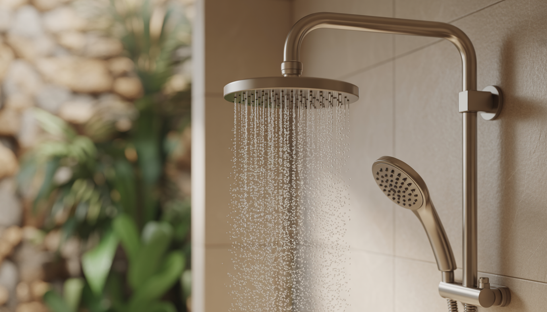 A modern bathroom with a Natural Action shower revitalizer, clear water flowing, and natural elements like plants and stone.