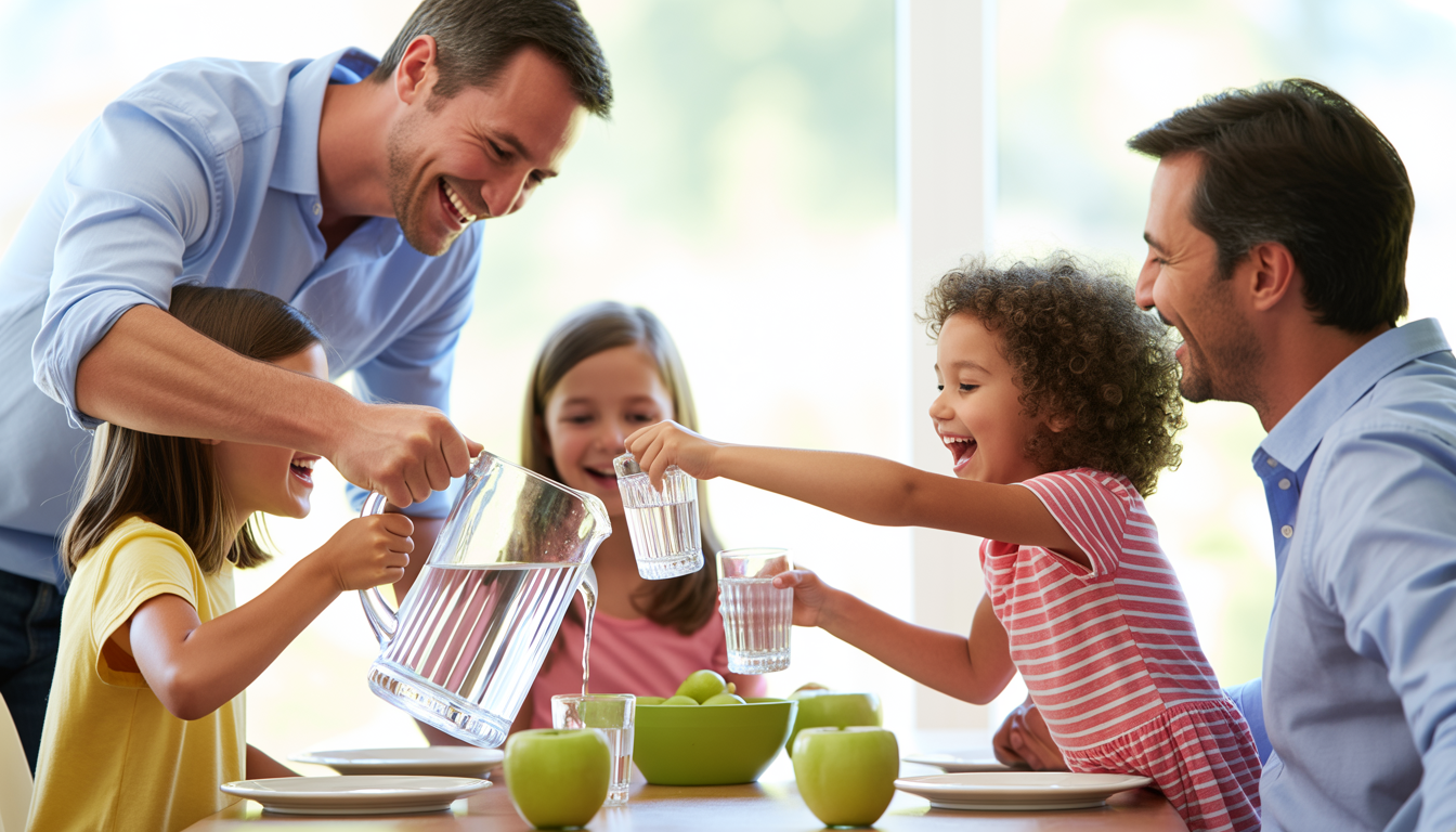 A family at a dining table pouring and drinking clear water, in a bright room with natural light.