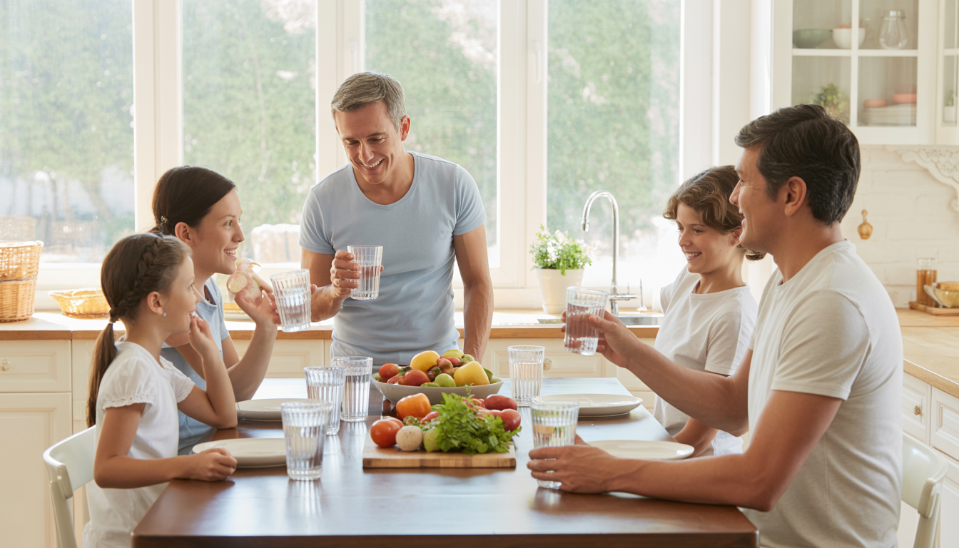 Family enjoying a meal in a bright kitchen, with clear glasses of filtered water, symbolizing health and well-being.