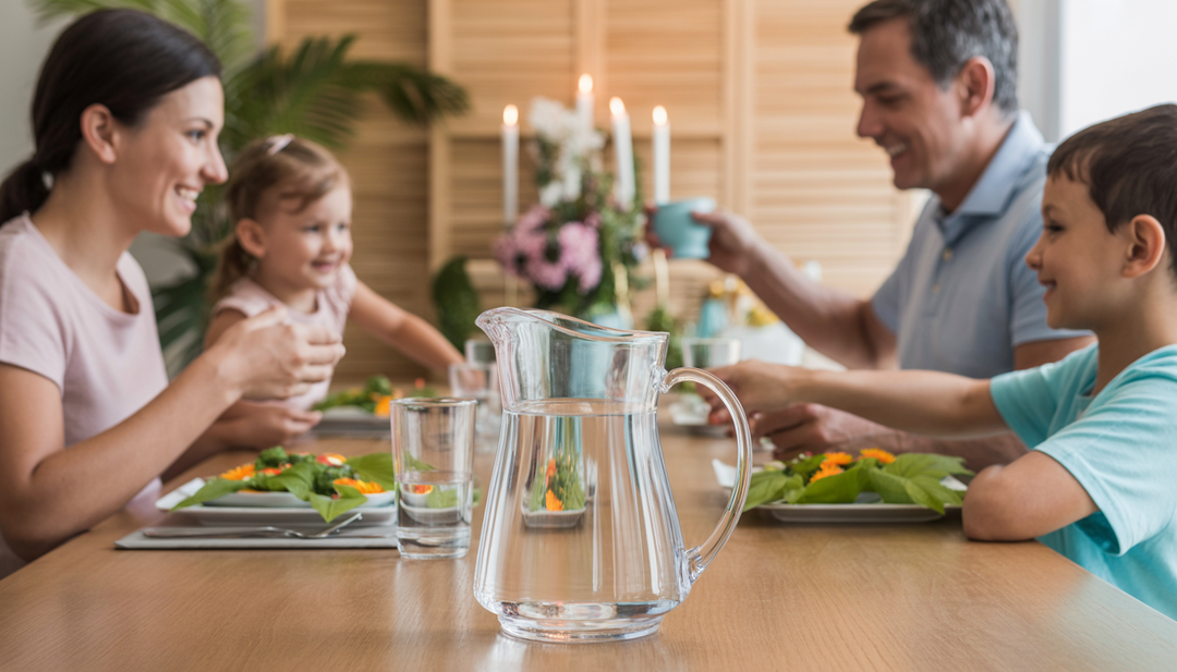 A family dining with a pitcher of clear, filtered water, surrounded by natural elements like flowers and wooden textures.