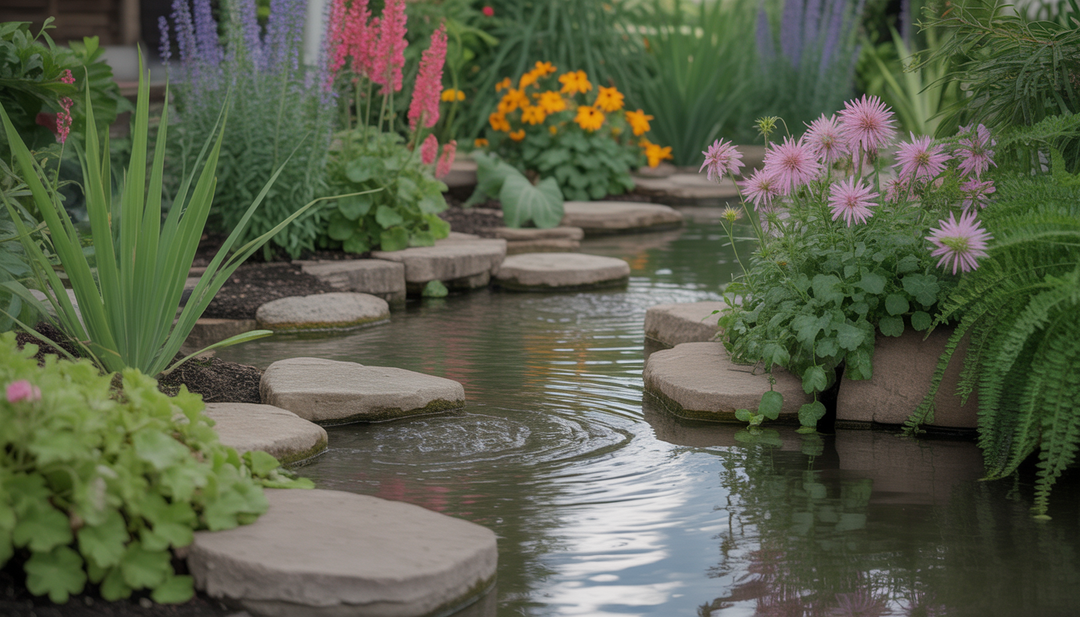A garden with thriving plants and flowers being watered by a stream, illustrating the benefits of structured water.