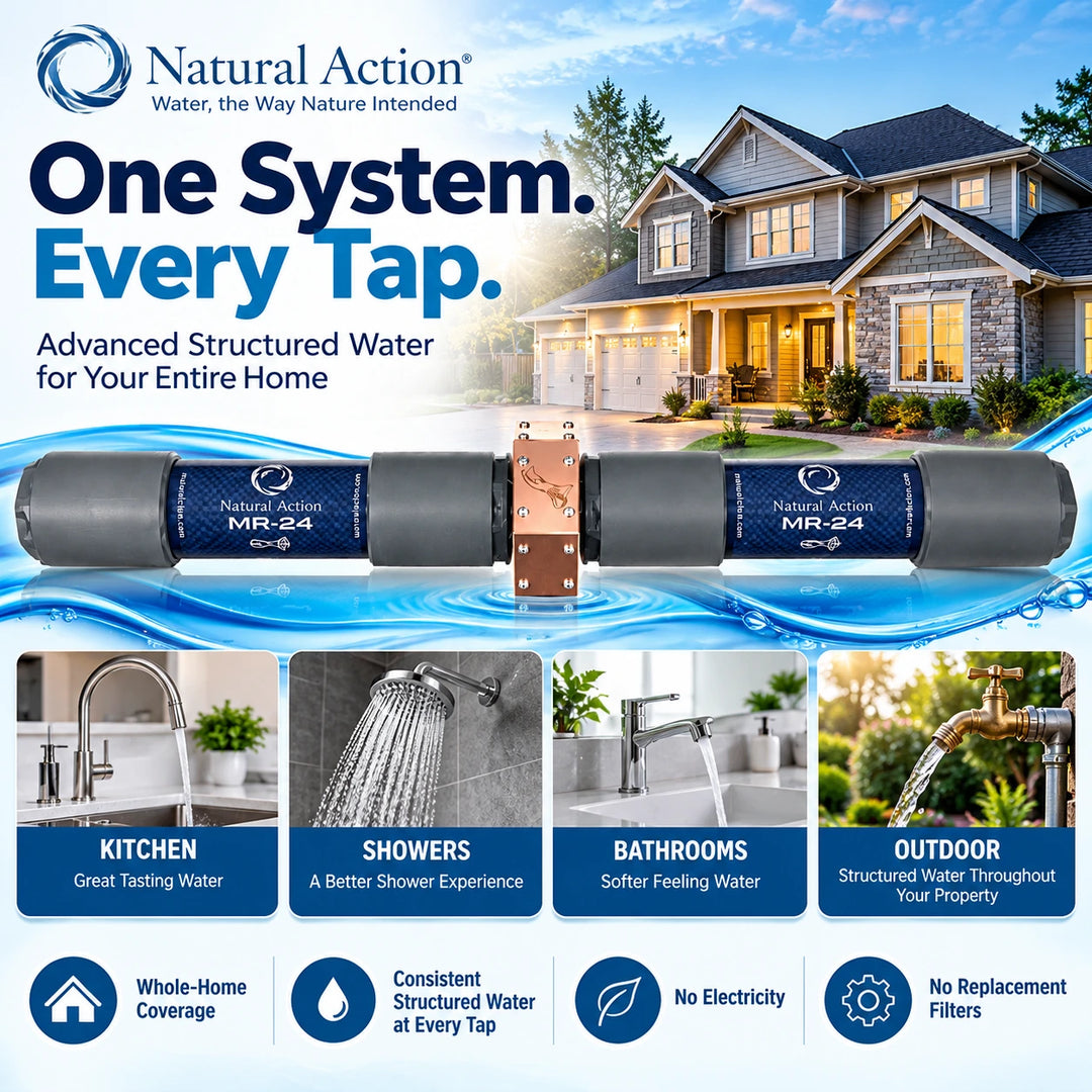 Natural Action MR-24 structured water system shown horizontally across a blue water graphic, with a house in the background and feature callouts for kitchen, showers, bathrooms, and outdoor use. Text reads 'One System.