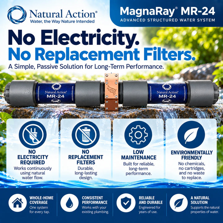 Natural Action MagnaRay MR-24 Advanced Structured Water System shown as a horizontal cylindrical water filter with blue end caps and a copper connector, set against a background of flowing water and green foliage. Below the product, four feature callouts highlight its benefits: no electricity, no replacement filters, low maintenance, and environmentally friendly.