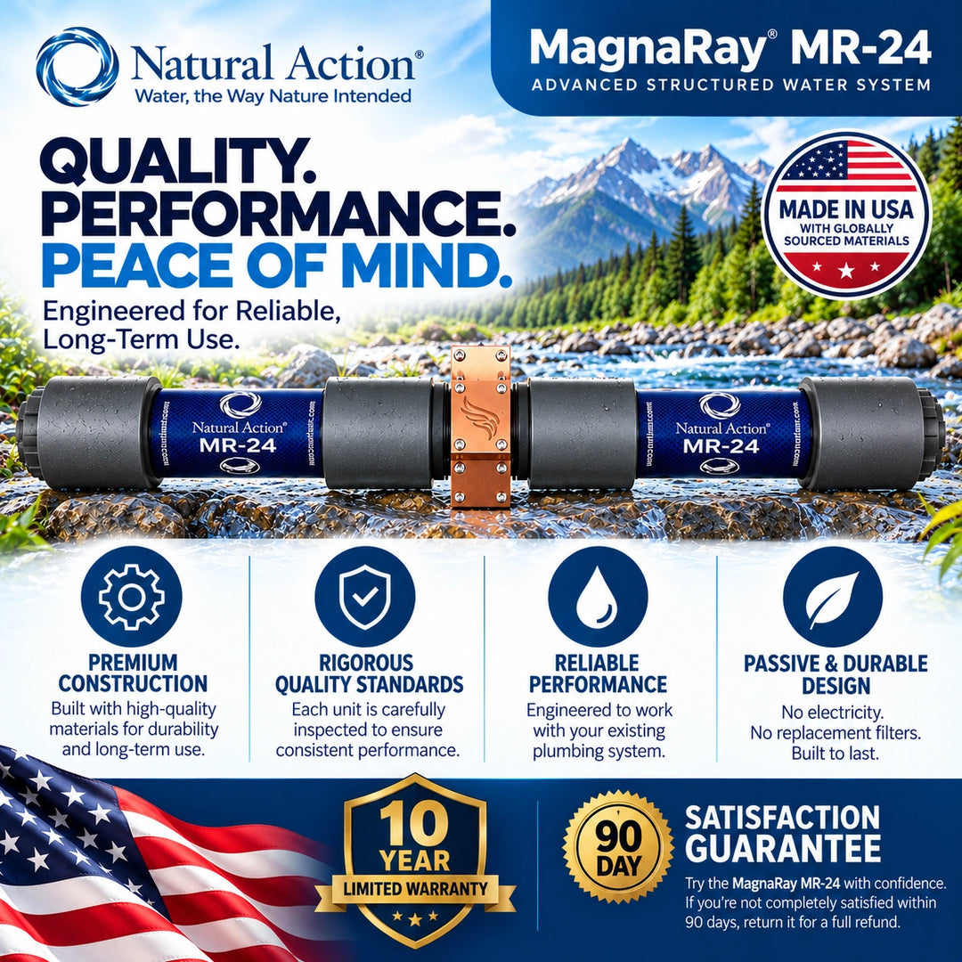 Natural Action MagnaRay MR-24 Advanced Structured Water System shown on a mountain stream background with feature callouts and a 10-year warranty badge.