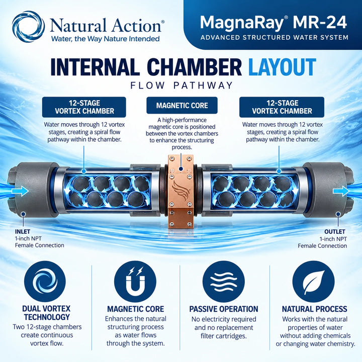 Technical layout diagram for the Natural Action MagnaRay MR-24 Advanced Structured Water System, showing an internal chamber design with labeled components, flow path, inlet and outlet connections, and feature icons.