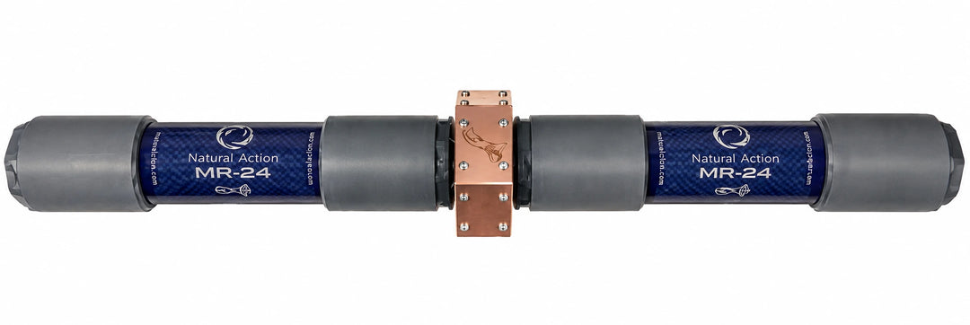 A Natural Action MR-24 mechanical component with dark gray cylindrical ends, a blue central label, and a copper-colored connector in the middle, shown on a plain white background.