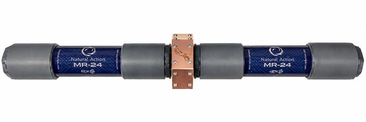 A Natural Action MR-24 mechanical component with dark gray cylindrical ends, a blue central label, and a copper-colored connector in the middle, shown on a plain white background.
