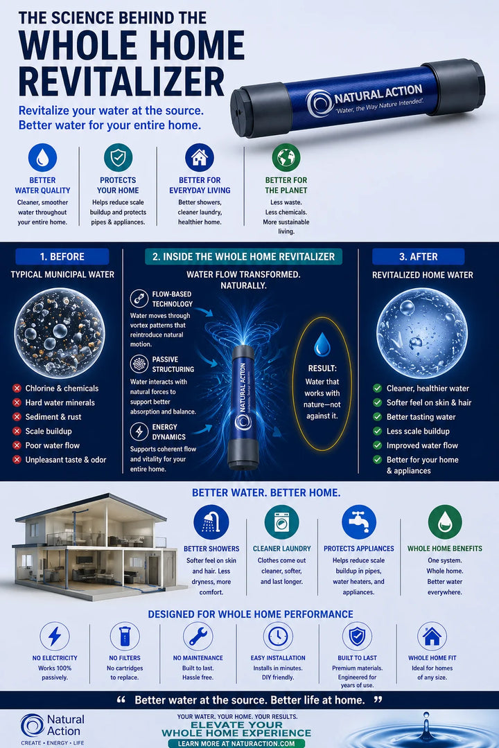 Natural Action Whole Home Revitalizer water filter system, featuring before-and-after water quality comparisons, step-by-step installation instructions, and product specifications.