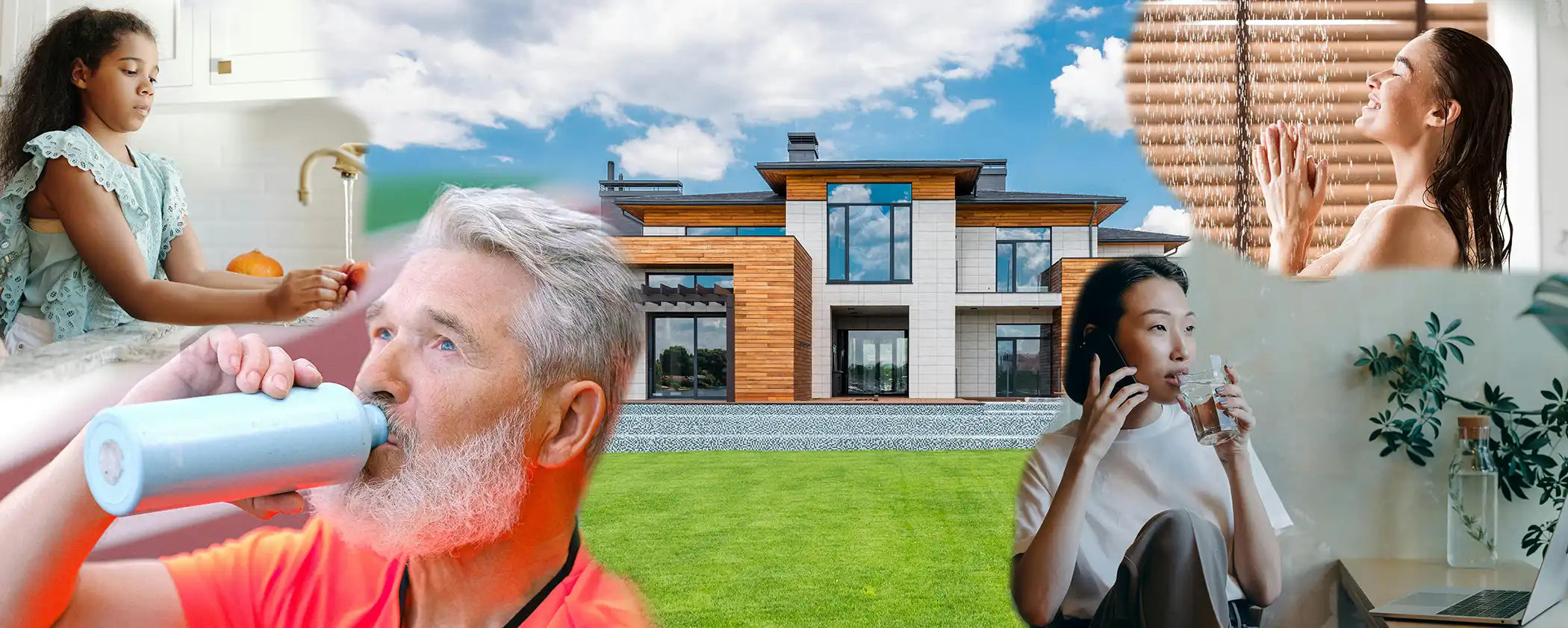 Collage of a man drinking from a water bottle, a house, a woman using a phone, and a woman in a shower.