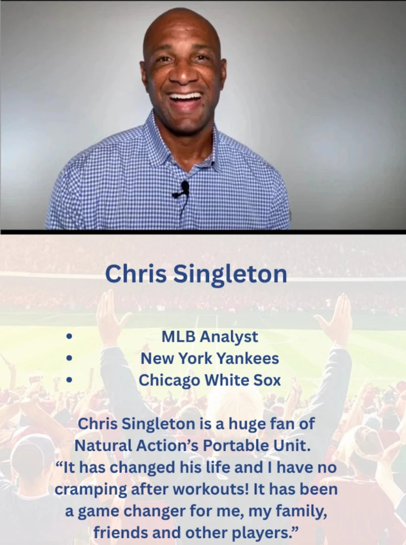 A promotional graphic featuring a smiling man in a blue checkered shirt at the top, with text below reading 'Chris Singleton' and bullet points identifying him as an MLB analyst with New York Yankees and Chicago White Sox affiliations, plus a testimonial quote.