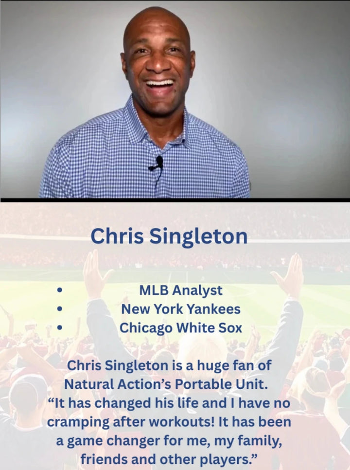 A promotional graphic featuring a smiling man in a blue checkered shirt at the top, with text below reading 'Chris Singleton' and bullet points identifying him as an MLB analyst with New York Yankees and Chicago White Sox affiliations, plus a testimonial quote.