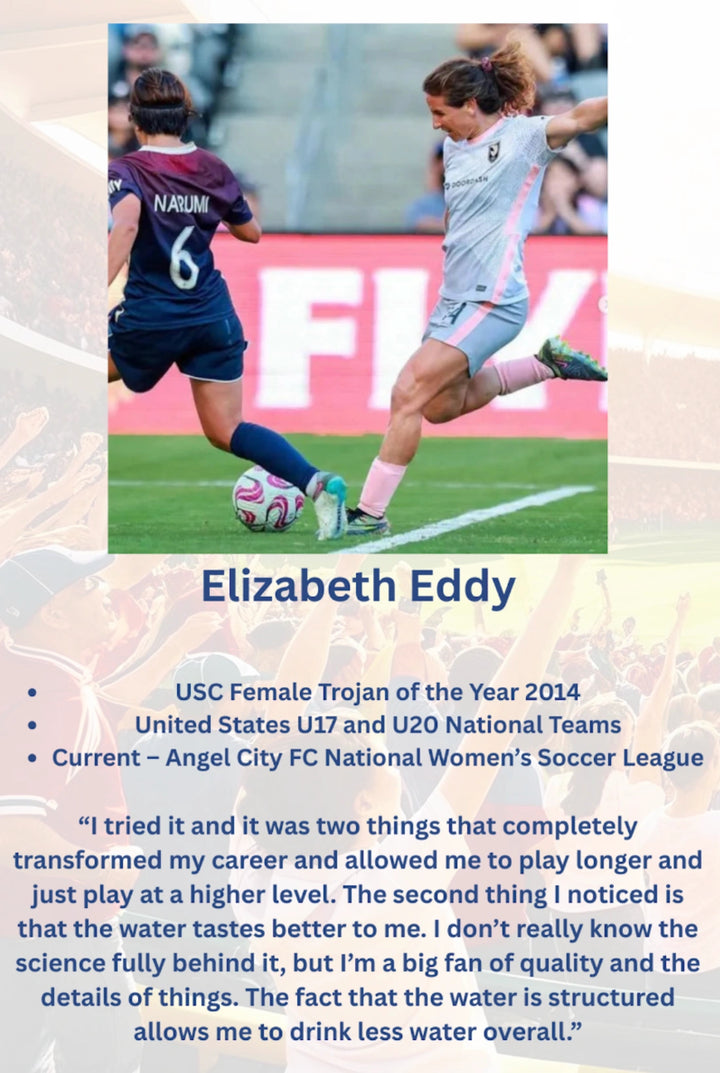 A promotional graphic for Elizabeth Eddy, featuring a photo of two soccer players in action above a block of text detailing her achievements and a quote. The top section shows a match scene with a player in a navy USC jersey and another in a light blue Angel City FC jersey, with the text 'Elizabeth Eddy' centered below.